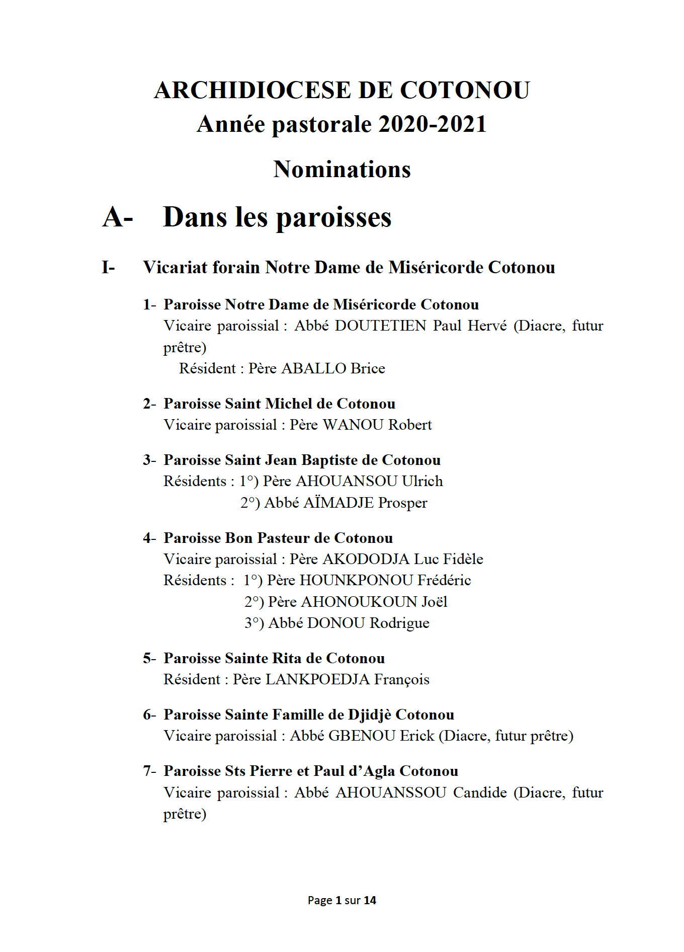 Nominations 2020-2021 dans l'Archidiocèse de Cotonou